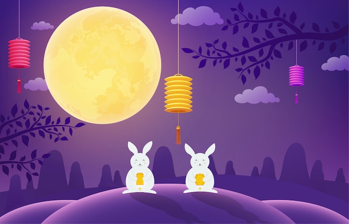 Two rabbits under a large full moon and lanterns