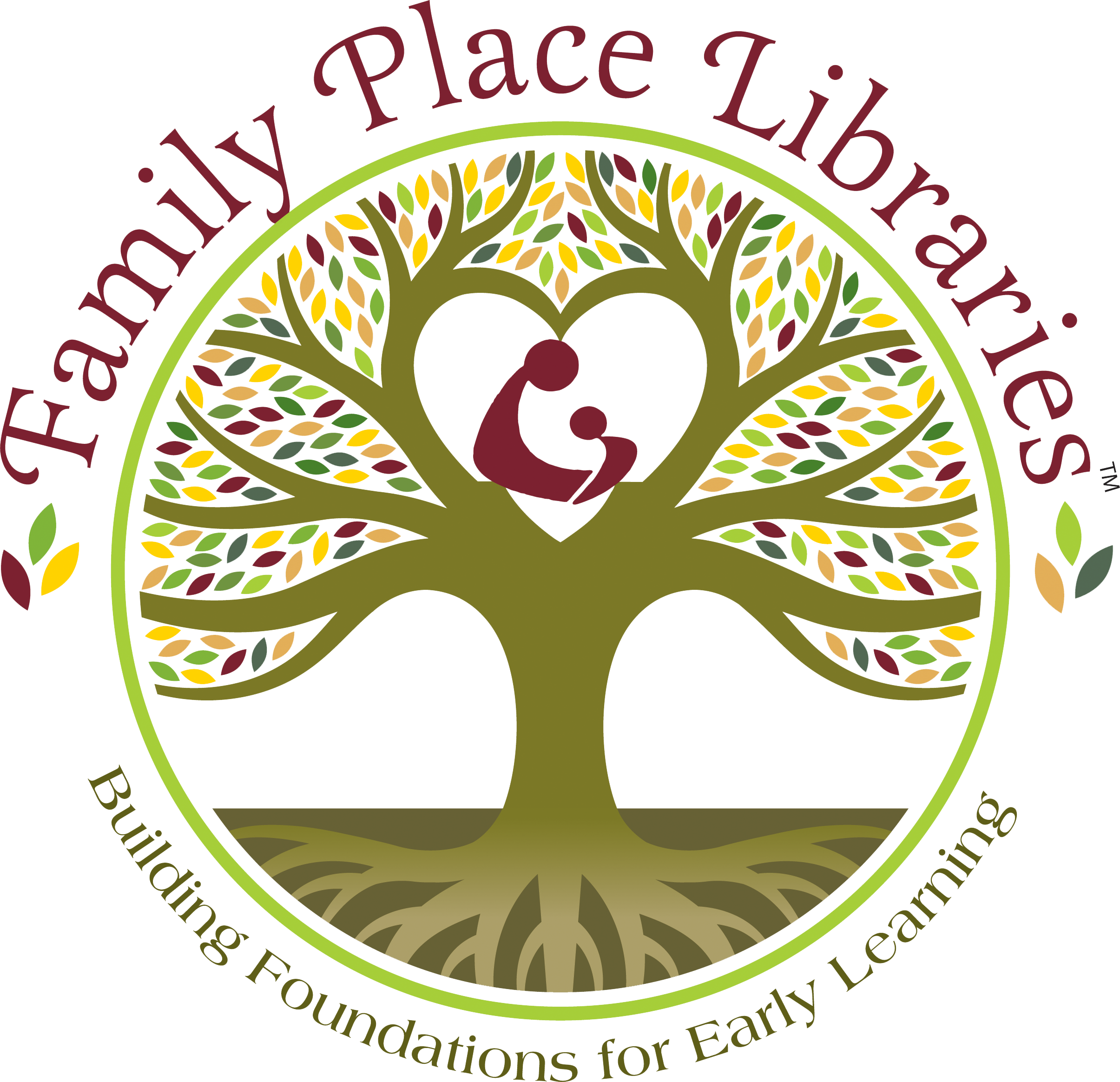 Logo for family place library; a tree with a parent and child in the middle