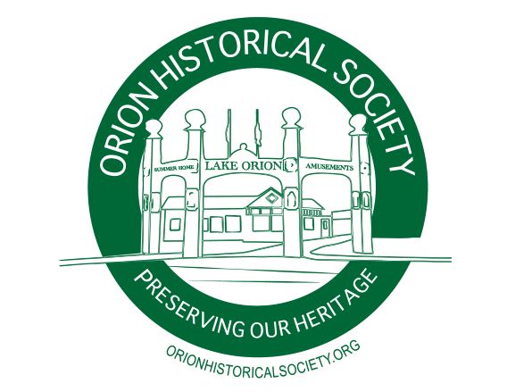Logo for the Orion Historical Society - Preserving our Heritage - minimalist drawing of Park Island entrance