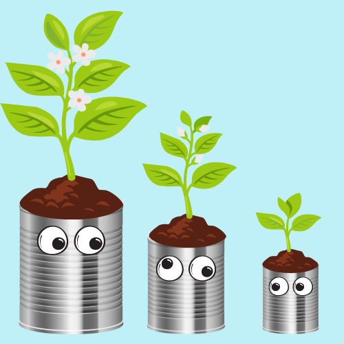 Tin cans with plants and eyes