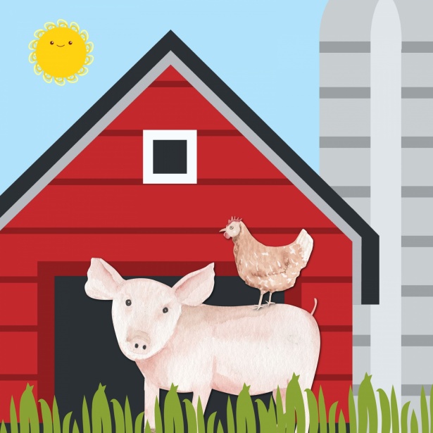 red barn with animals