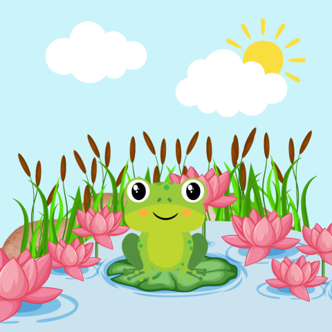 Cute frog on a lily pad in a pond