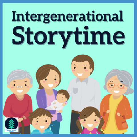 Image of people of a variety of ages smiling together with the text 'Intergenerational Storytime'