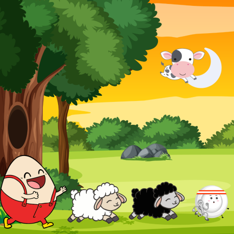 Cow jumping over moon as dish, spoon, black sheep, white sheep, and Humpty Dumpty race below