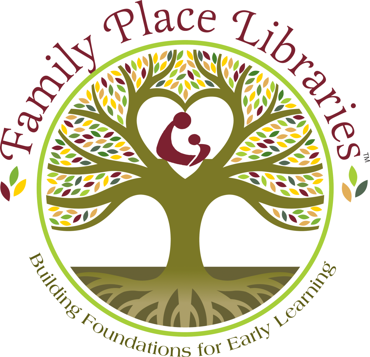 Logo for family place library; a tree with a parent and child in the middle