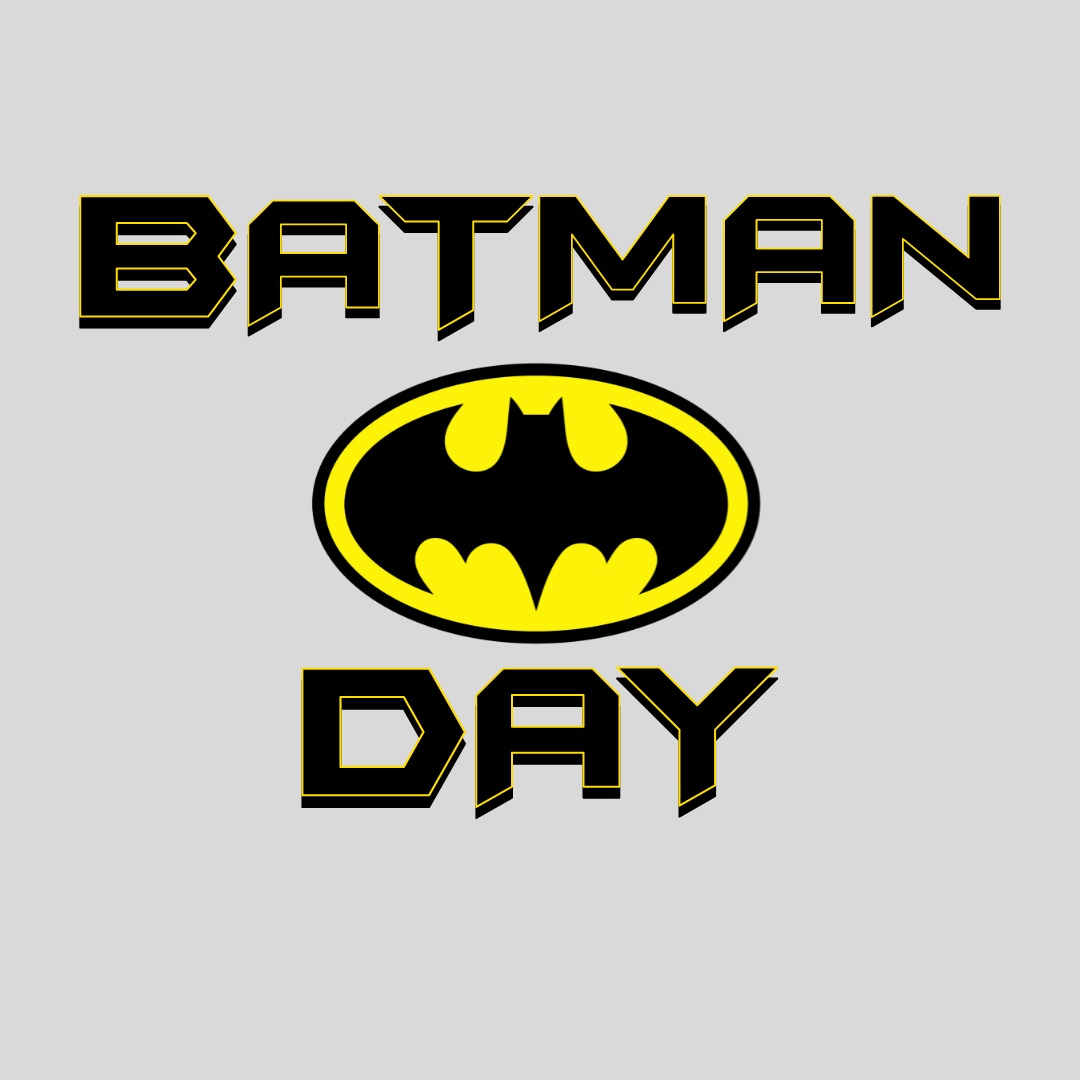 Black bat in yellow oval with the words Batman Day