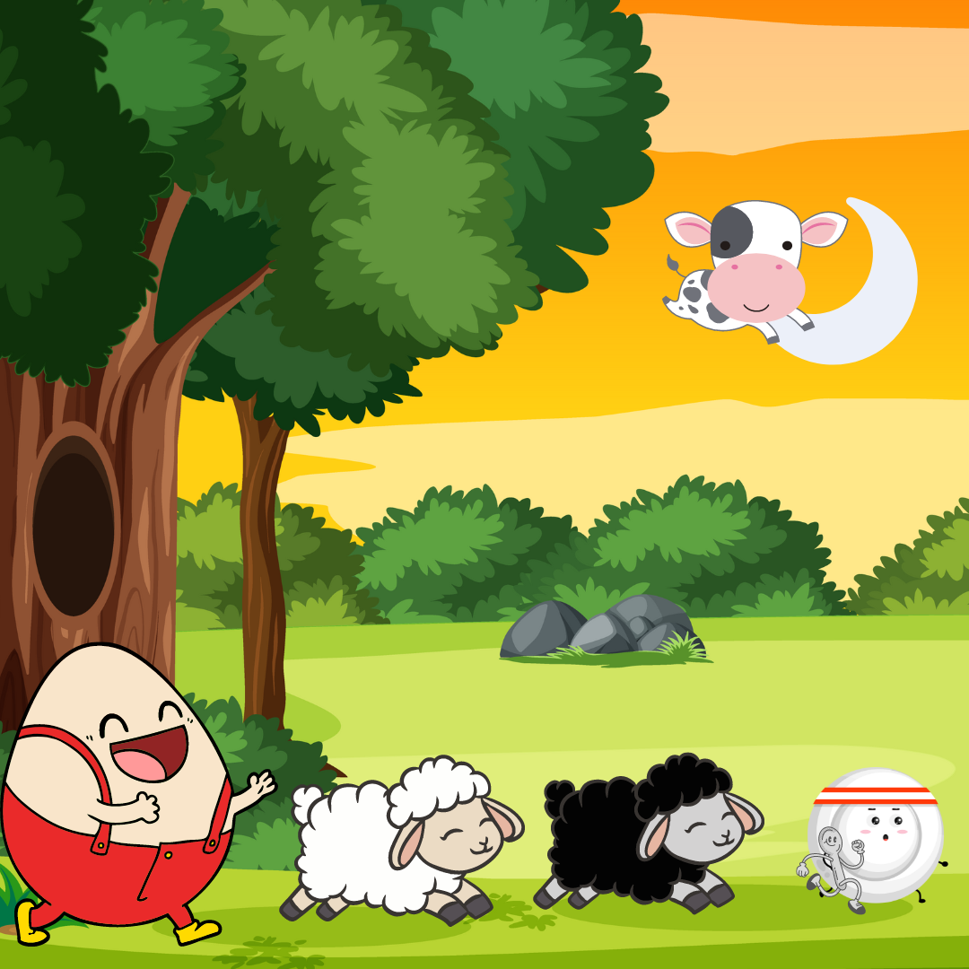 Cow jumping over moon as dish, spoon, black sheep, white sheep, and Humpty Dumpty race below