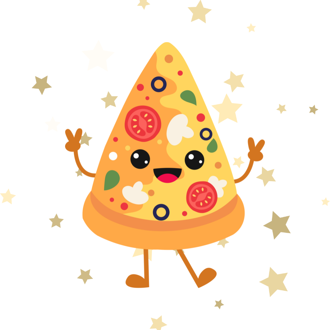 Slice of pizza with a face, arms, and legs that is smiling and holding up double peace signs